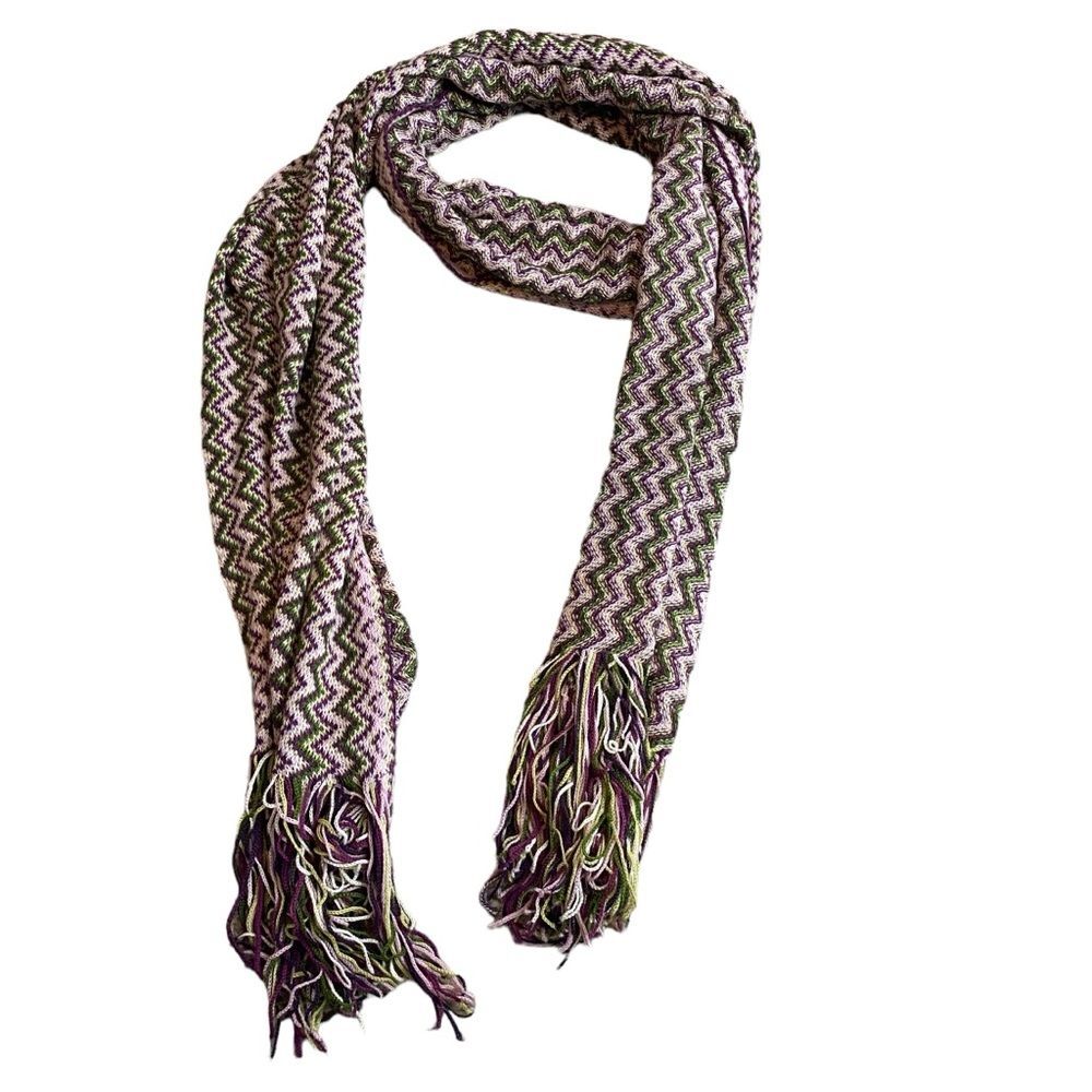 Missoni‎ Women's Iconic Chevron Knit Fringe Scarf Green Purple Zig Zags Artsy